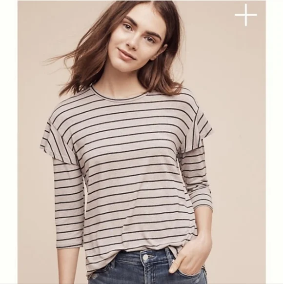 Anthropologie Dolan Small Binny Top Gray Striped Ruffle Shoulder - Picture 1 of 11